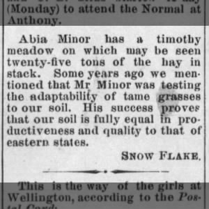 Abia Minor grows huge timothy crop, Daily Graphic, Harper, KS, 4 Aug 1886, p. 2.