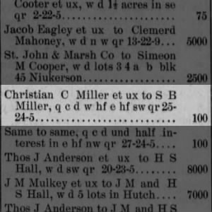 1890, Property, Miller Christian C to Miller S B, Pg 1, Mar 28, Hutchinson Times