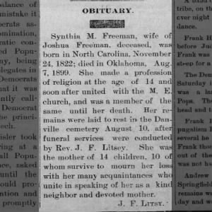 Obituary for Synthia M. Freeman, 1822-1899