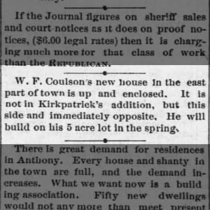 W.F. Coulson house in Anthony, 1883