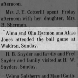1913 05 23 Alma and Olin Harmon ball game The State Line Democrat Fri Pg 1