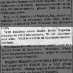 Will Coulson, clerk at state insane asylum, Topeka, 1899