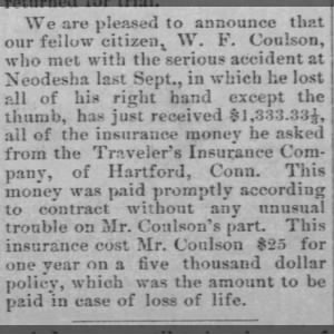 W. F. Coulson awarded insurance money due to loss of right hand, 1890