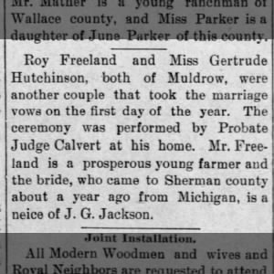 Roy Freeland and Gertrude Hutchinson marry