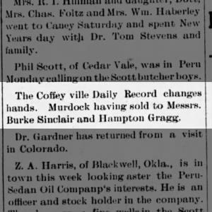 Hampton Gragg buys Coffeyville Daily Record, 6 Jan 1912, Peru Oil Gazette, Kansas