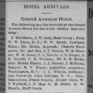 Hotel Arrivals - Grand Avenue Hotel re J W Getz