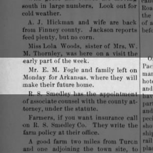 E M Fogle family left for Arkansas on Oct 17 1887 - Derby