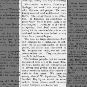 The Peru Times 23 Sep 1886 James Ferguson and the hotel in Chautauqua Springs