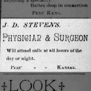 Dr. Joseph Deweese Stevens, MD - advertisement - 05-09-1890.