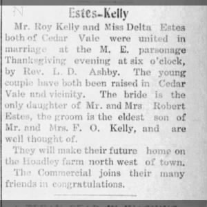 Roy Kelly and Delta Estes wedding announcement 