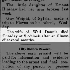 Martha Dennis death notice
05 Sep 1899, Tuesday, after months-long illness