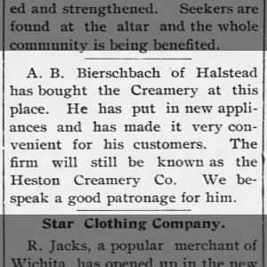 A B Bierschbach of Halstead buys the creamery