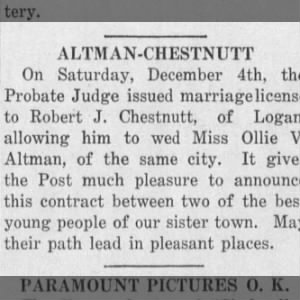 Altman and Chestnutt marriage license announcement