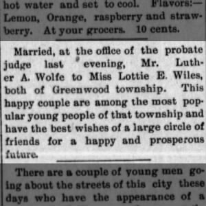 Marriage of Luther Wolfe and Lottie Emery