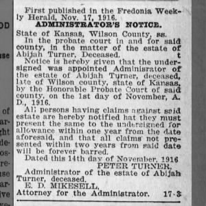 1916 Peter Turner Admin  Abijah Turner Probate