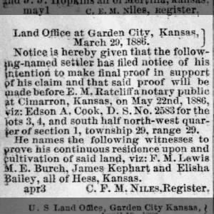 1886 05 29 Land Claim Witness James Kephart Meade Co Times Sat Pg 4