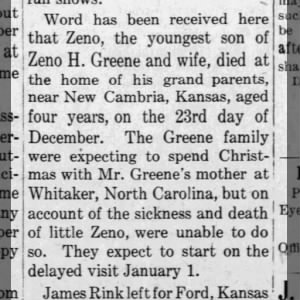 Little Zeno H Greene dies at age 4, in 1915