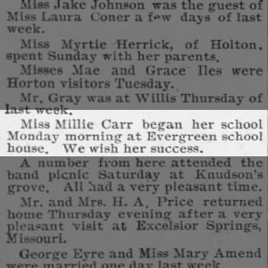 1900-Sep-19 Mellie Carr - begins teaching at Evergreen School - Horton Leader - KS