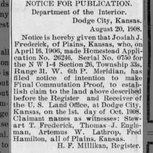 1908 Land Purchase-Dodge City  KS