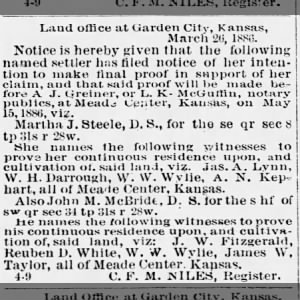 1886 04 10 Land Claim A N Kephart Witness Meade Co Telegram Sat Pg 3