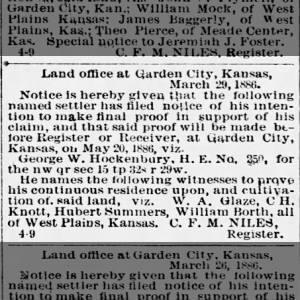 1886 04 17 GW Hockenberry Land Claim Meade County Telegram Sat Pg 3