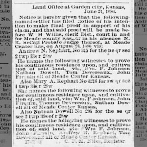 1886 07 01 Land Claim A N  & Mary Ann Kephart Meade Co Telegram Thur Pg 3