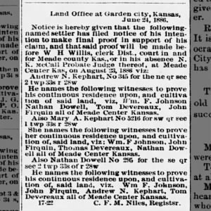 1886 07 08 A N & Mary Ann Kephart Land Claim Meade Co Telegram Thur Pg 2
