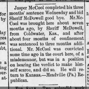 Jasper McCool serving sentence Coldwater, KS 1889