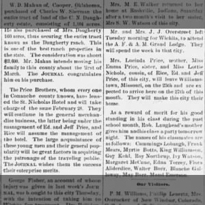 Stock Journal 21 Feb 1901 Thurs pg 5 PRICE Article Coldwater KS