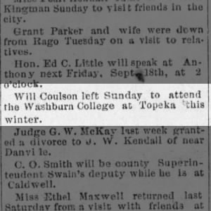 Will Coulson attends Washburn College, 1896