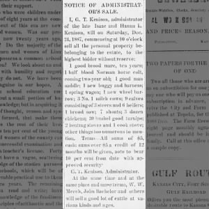 Prescott Eagle
10 Dec 1887, Sat ·Page 2
Isaac & Hannah Kenison Admin papers