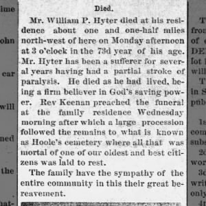 William P Hyter-Death announcement 1890