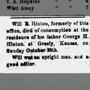 Will Hinton - editor of Prescott Enterprise paper at one time, dies of consumption (tuberculosis)