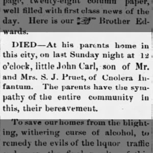 Death of John Carl, son of Mr. and Mrs. S.J. Pruet, July 1888