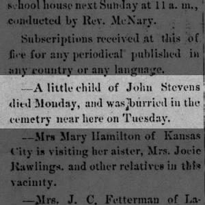 Child of John Stevens Died