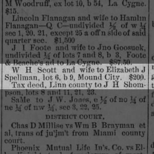 W H Scott and wife to Elizabeth Jane Spellman Lot 6, b 9 in Mound City, Linn Co., KS Sept 1888