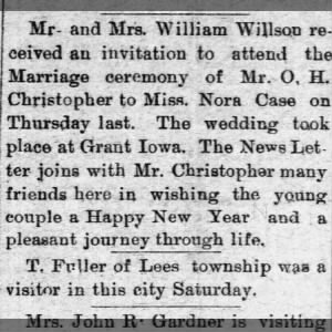 Wedding Invitation to marriage of Mr. O. H. Christopher and Miss Nora Case. 