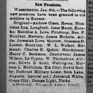soldiers pensions granted to jeremiah love and matthias love the barber county ks herald 10 jan 1891