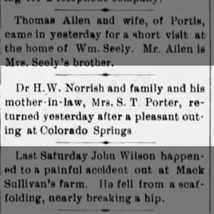 Mrs. S.T. Porter Returns from Colorado Springs