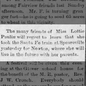 Lottie takes train to Newton to live with parents 14 Sep 1889  Bucklin Journal 