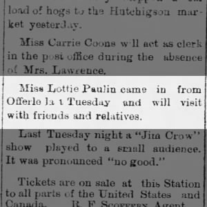 Lottie Visiting from Offerle   Bucklin Journal
07 Jun 1890, Sat · Page 4