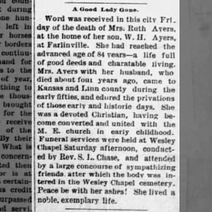 1891 Ruth (Nash) Ayers (Ayres) OBIT #1, Kansas