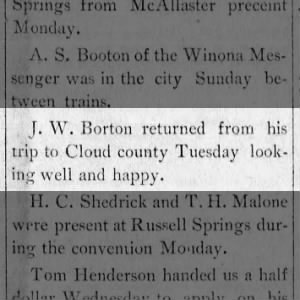 Borton, JW - returned from Cloud county