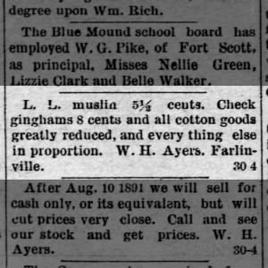 1891 W H Ayers, Farlinville KS (GoodsToSell)