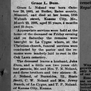 Grace L. Dum obituary daughter of Mr and MrsT.N. Noland