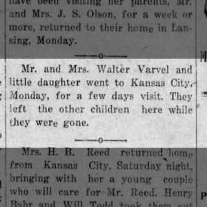 Mr. and Mrs. Walter Varvel take trip to Kansas city 1927.