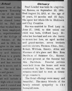 Obituary for Pearl Loader Lacey 1915
