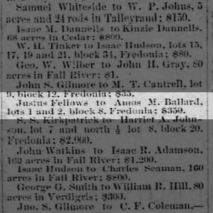 FELLOWS, JUSTUS - Deeds recorded Jan 1882-Sold lots 1 & 2, block 8, Fredonia to Amos M. Ballard.