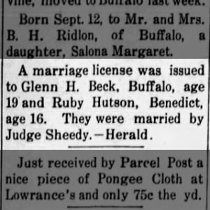 1923 Ruby Hutson Glenn Beck Marriage Announcement