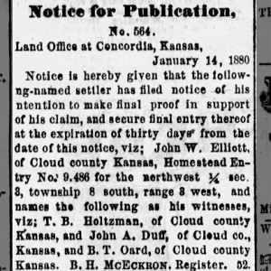Notice for Publication Land Office 14 Jan 1880 The Glasco Banner